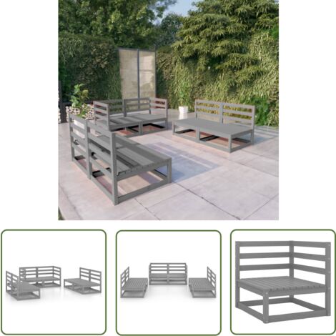 The Living Store 6-tlg. Garten-Lounge-Set Grau Massivholz Kiefer - Gartenmöbel - Loungesessel - Gartenloungeset - Rattan Möbel - Holz Gartenmöbel