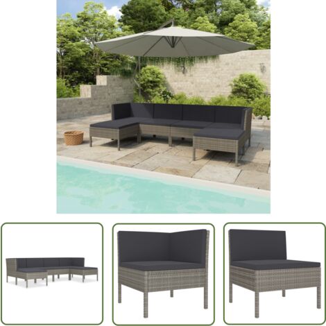 The Living Store 6-tlg. Garten-Lounge-Set mit Auflagen Poly Rattan Grau - Gartenloungesessel - Loungeset - Gartenmöbeln - Outdoormöbel - Rattanmöbel