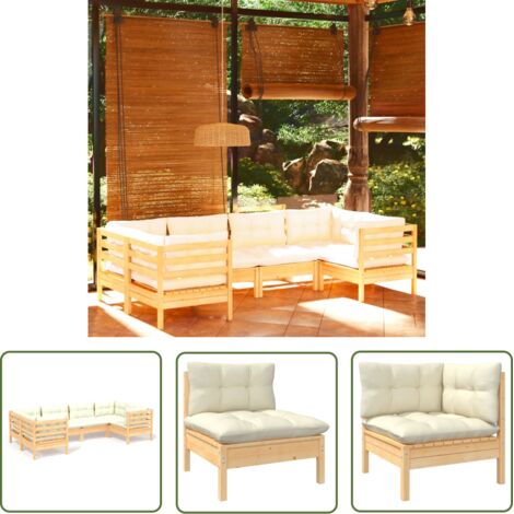 The Living Store 6-tlg. Garten-Lounge-Set mit Creme Kissen Kiefernholz - Gartensessel - Lounge Set - Gartenmöbel - Rattan Möbel - Outdoor Furniture