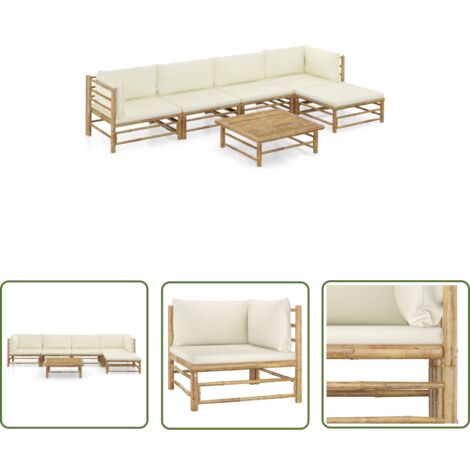 The Living Store 6-tlg. Garten-Lounge-Set mit Cremeweißen Kissen Bambus - Bambus Lounge Set - Gartenloungeset - Outdoor Lounge - Gartengeräte - Esstisch
