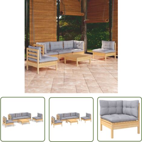 The Living Store 6-tlg. Garten-Lounge-Set mit Grauen Kissen Kiefer Massivholz - Gartensessel - Lounge Set - Gartenmöbeln - Outdoor Möbel - Rattan Sessel