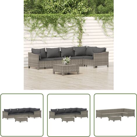The Living Store 6-tlg. Garten-Lounge-Set mit Kissen Grau Poly Rattan - Garten Lounge Set - Outdoor Möbel - Rattan Gartenmöbel - Loungemöbel - Gartenmöbel Set