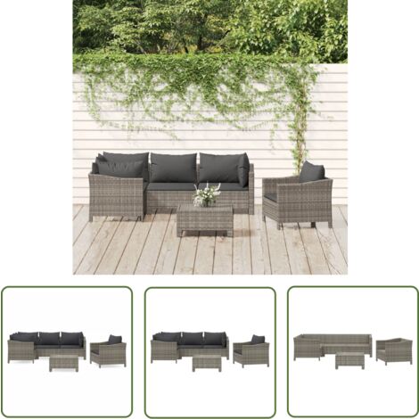 The Living Store 6-tlg. Garten-Lounge-Set mit Kissen Grau Poly Rattan - Gartensitzgruppe - Loungemöbel - Gartenloungeset - Rattan Möbel - PE-Rattan
