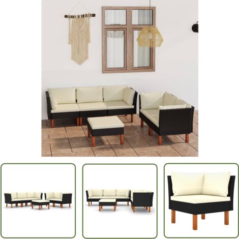 The Living Store 6-tlg. Garten-Lounge-Set mit Kissen Poly Rattan Schwarz - Gartensonnenliege - Gartenloungesessel - Outdoor Möbel - Esszimmergarnitur - Balkonmöbel