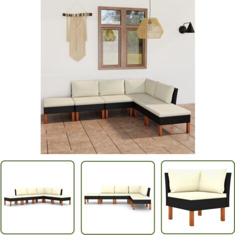 The Living Store 6-tlg. Garten-Lounge-Set mit Kissen Poly Rattan Schwarz - Gartensonnenliege - Gartenloungesessel - Outdoor Möbel - Esszimmergarnitur - Balkonmöbel
