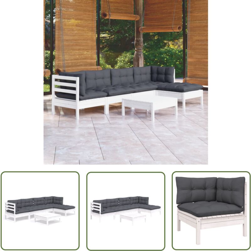 6-tlg. Garten-lounge-set Mit Kissen Weiß Kiefernholz - Gartensessel - Lounge Set - Gartenmöbel - Outdoor Möbel - Rattan Sessel - The Living Store