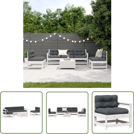 The Living Store 6-tlg. Garten-Lounge-Set mit Kissen Weiß Massivholz Kiefer - Gartensessel - Gartenloungeseset - Gartenmöbeln - Rattan Möbel - Kiefernholzmöbel