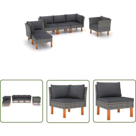 The Living Store 6-tlg. Garten-Lounge-Set Poly Rattan und Eukalyptusholz Grau - Gartensitzgruppe - Lounge-Set - Gartenmöbel - Outdoor-Möbel - Rattan-Möbel