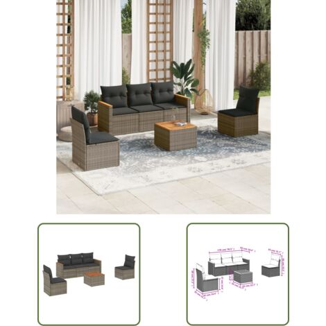 The Living Store 6-tlg. Garten-Sofagarnitur mit Kissen Grau Poly Rattan - Gartenmöbel - Esstisch - Lounge Set - Outdoor Möbel - Rattan Gartenmöbel