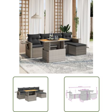 The Living Store 6-tlg. Garten-Sofagarnitur mit Kissen Grau Poly Rattan - Gartenmöbel - PE-Rattan Möbel - Outdoor Set - Lounge Set - Sofasitzgruppe