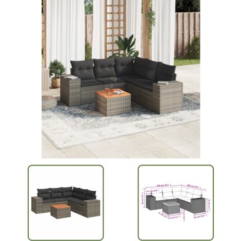 The Living Store 6-tlg. Garten-Sofagarnitur mit Kissen Grau Poly Rattan - Gartensorte - Gartenmöbel Set - PE-Rattan Möbel - Outdoor Lounge - Esstischset