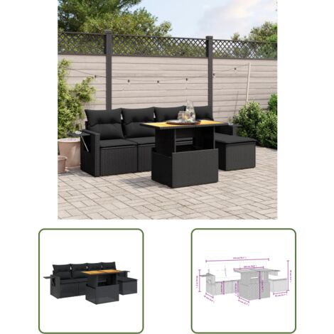 The Living Store 6-tlg. Garten-Sofagarnitur mit Kissen Schwarz Poly Rattan - Gartenmöbel - Outdoor Möbel - Rattan Gartenset - Lounge Set - Sofasitzgruppe