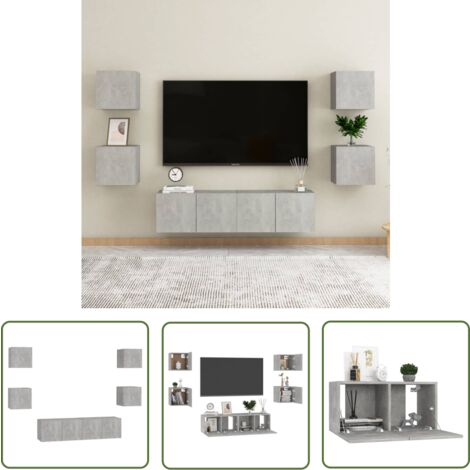 The Living Store 6-tlg. TV-Schrank-Set Betongrau Holzwerkstoff - TV Schrank Set - Wandmontage - Wohnraum Dekoration - Regal - Betongrau