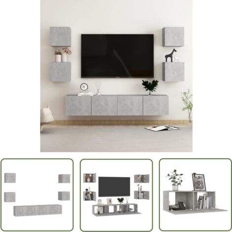 The Living Store 6-tlg. TV-Schrank-Set Betongrau Holzwerkstoff - TV Schrank Set - Wandmontage - Wohnraum Dekoration - Regal - Stauraum