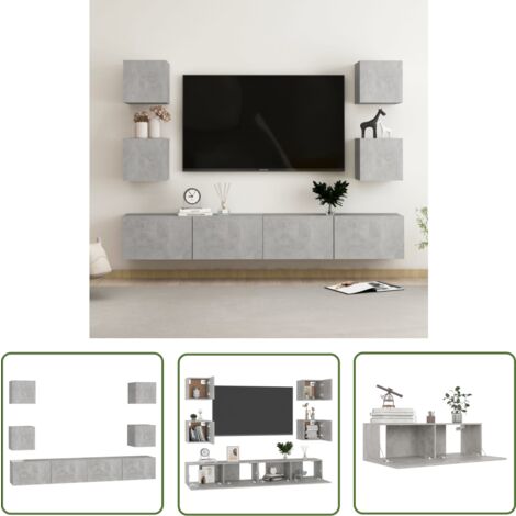 The Living Store 6-tlg. TV-Schrank-Set Betongrau Holzwerkstoff - TV Schrank Set - Wandmontage - Wohnwand Regal - Betongrau - Holzwerkstoff