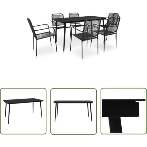 The Living Store 7-tlg. Garten-Essgruppe Baumwollseil und Stahl Schwarz - Gartensessel - Gartentisch - Esstisch - Outdoor Möbel - Balkonmöbel