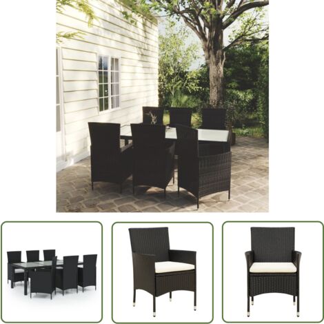 The Living Store 7-tlg. Garten-Essgruppe mit Auflagen Poly Rattan Schwarz - Gartengarnituren - Outdoor-Möbel - Gartenmöbel-Set - Esstisch - Gartensessel