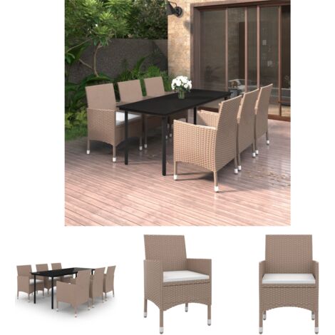 The Living Store 7-tlg. Garten-Essgruppe mit Auflagen Poly Rattan und Glas - Gartenmöbel-Sets
