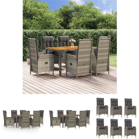 The Living Store - 7-tlg. Garten-Essgruppe mit Kissen Grau Poly Rattan