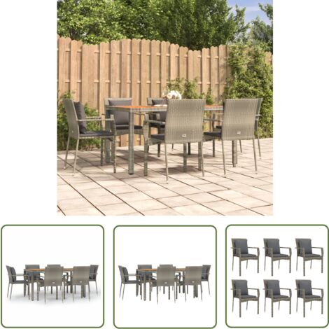 The Living Store 7-tlg. Garten-Essgruppe mit Kissen Grau Poly Rattan - Gartenmöbel - Essgruppe - Gartentisch - Gartenstühle - Outdoor Möbel