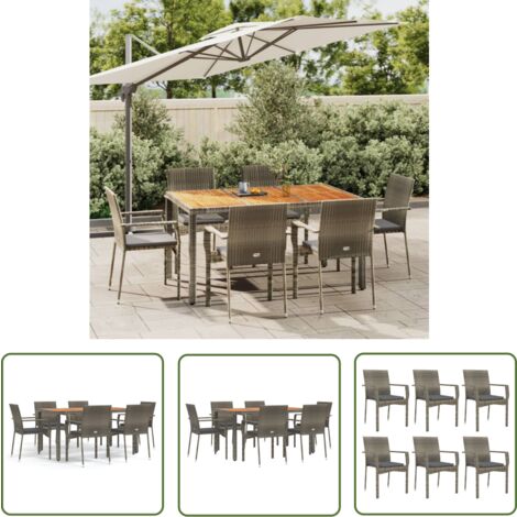 The Living Store 7-tlg. Garten-Essgruppe mit Kissen Grau Poly Rattan - Gartenmöbel - Essgruppe - Gartentisch - Gartenstühle - PE-Rattan