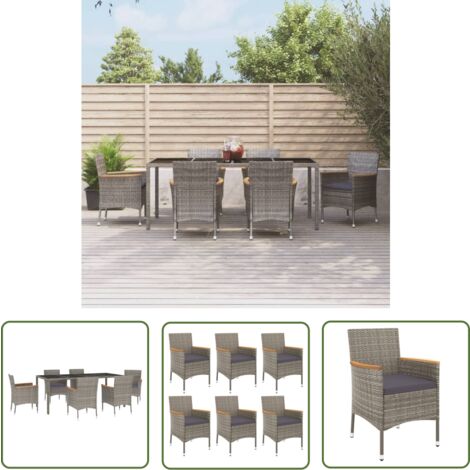 The Living Store 7-tlg. Garten-Essgruppe mit Kissen Grau Poly Rattan - Gartensessel - Gartentisch - Gartenmöbelset - Outdoor Möbel - Rattan Gartenmöbel