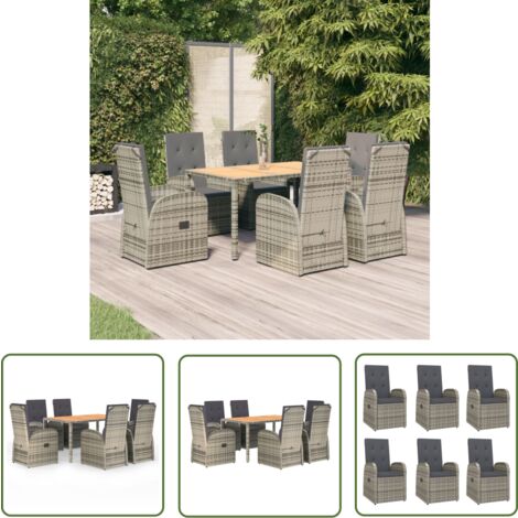 The Living Store 7-tlg. Garten-Essgruppe mit Kissen Grau Poly Rattan - Gartensitzgruppe - Gartenmöbel - Outdoor Möbel - Lounge Set - Rattan Gartenmöbel