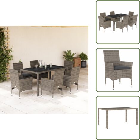 The Living Store 7-tlg. Garten-Essgruppe mit Kissen Grau Poly Rattan und Glas - Gartenmöbel Set - Esstisch - Gartenstühle - Rattan Möbel - Outdoor Möbel