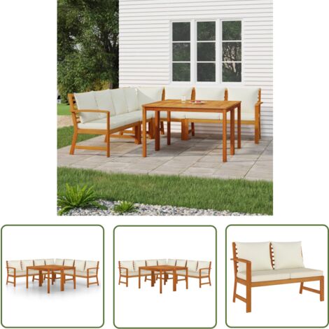 The Living Store 7-tlg. Garten-Essgruppe mit Kissen Massivholz Akazie - Gartengruppe - Gartenmöbel - Esstisch - Holzbank - Eckcouch