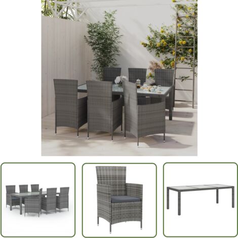 The Living Store 7-tlg. Garten-Essgruppe mit Kissen Poly Rattan Grau - Gartengarnituren - Gartenmöbel - Esstisch - Gartensessel - Outdoormöbel
