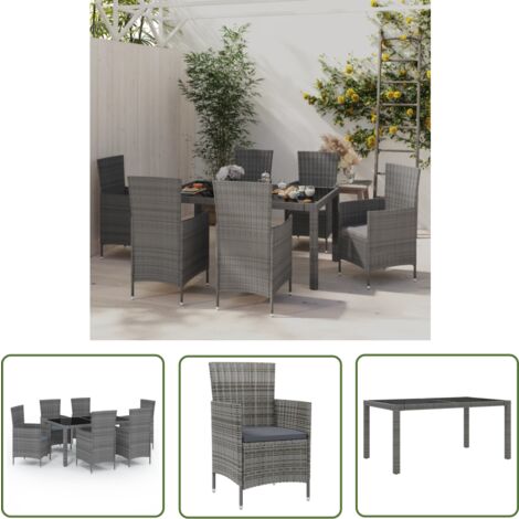 The Living Store 7-tlg. Garten-Essgruppe mit Kissen Poly Rattan Grau - Gartenmöbel - Esstisch - Gartensessel - Rattan Gartenmöbel - Outdoor Möbel