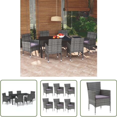 The Living Store 7-tlg. Garten-Essgruppe mit Kissen Poly Rattan Grau - Gartensessel - Gartenstuhl - Outdoor Möbel - Balkonmöbel - Terrassenmöbeln