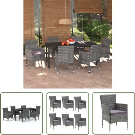 The Living Store 7-tlg. Garten-Essgruppe mit Kissen Poly Rattan Grau - Gartensessel - Gartenstuhl - Outdoor Möbel - Balkonmöbel - Terrassenmöbeln