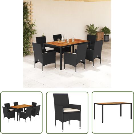 The Living Store 7-tlg. Garten-Essgruppe mit Kissen Schwarz Poly Rattan Akazie - Gartenmöbel Set - Outdoor Möbel - Esstisch - Gartenstühle - Rattan Gartenmöbel