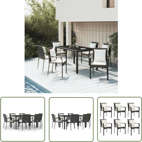 The Living Store 7-tlg. Garten-Essgruppe mit Kissen Schwarz Poly Rattan - Gartenmöbel - Essgruppe - Gartentisch - Gartenstühle - Outdoor Möbel