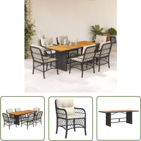 The Living Store 7-tlg. Garten-Essgruppe mit Kissen Schwarz Poly Rattan - Gartensessel - Gartenstuhl - Gartenmöbel Set - Outdoor Möbel - Rattan Gartenmöbel