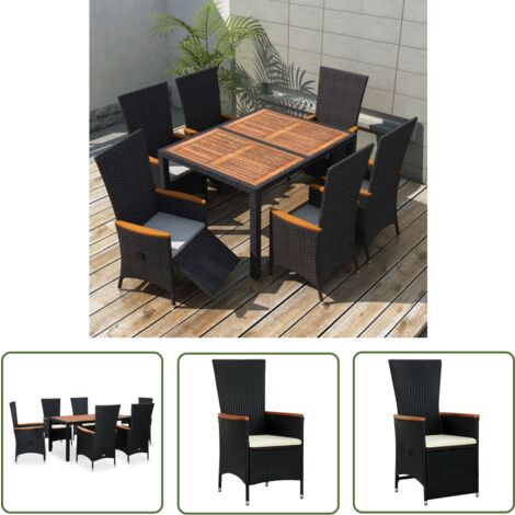 The Living Store 7-tlg. Garten-Essgruppe Poly Rattan Akazienholz Schwarz - Gartenmöbel - Essgruppen - Outdoor Möbel - Rattan Gartenmöbel - Hochlehner Stühle