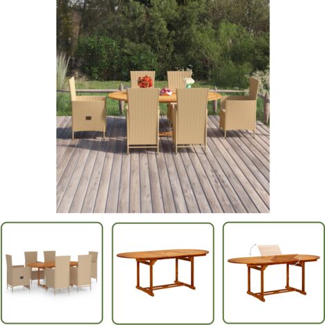 The Living Store 7-tlg. Garten-Essgruppe Poly Rattan Beige - Gartentisch - Essgruppe - Gartenmöbel - Outdoor Möbel - Holztisch