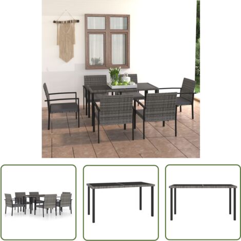 The Living Store 7-tlg. Garten-Essgruppe Poly Rattan Grau - Gartensessel - Esstisch - Gartenmöbelset - Outdoor-Möbel - Rattanmöbel