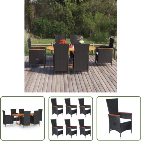 The Living Store 7-tlg. Garten-Essgruppe Poly Rattan Schwarz - Gartentisch - Essgruppe - Gartenmöbel - Outdoor Möbel - Holztisch