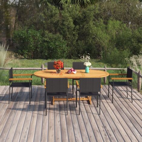 The Living Store 7-tlg. Garten-Essgruppe Poly Rattan Schwarz - Gartentisch - Essgruppe - Gartenmöbel - Outdoor Möbel - Holztisch