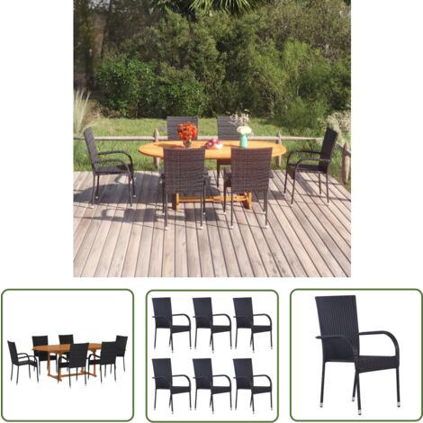 The Living Store 7-tlg. Garten-Essgruppe Poly Rattan Schwarz - Gartentisch - Esstisch - Gartenmöbelset - Outdoor Möbel - Holztisch