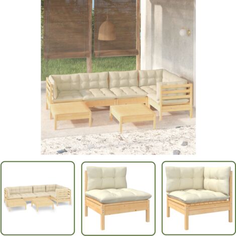 The Living Store 7-tlg. Garten-Lounge-Set mit Creme Kissen Massivholz Kiefer - Gartenmöbeln - Lounge Set - Kiefernholz - Outdoor Möbel - Gartenmöbel Set