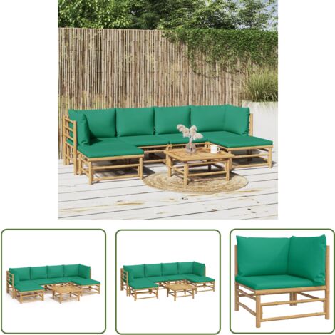 The Living Store 7-tlg. Garten-Lounge-Set mit Grünen Kissen Bambus - Bambus Möbel - Gartenloungeset - Outdoor Möbel - Gartenmöbel - Esstisch