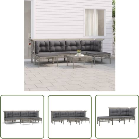 The Living Store 7-tlg. Garten-Lounge-Set mit Kissen Grau Poly Rattan - Gartenloungeset - Loungegarnitur - Outdoor Möbel - Gartenmöbel - Rattan Gartenmöbel