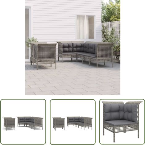 The Living Store 7-tlg. Garten-Lounge-Set mit Kissen Grau Poly Rattan - Gartenmöbel - Loungesessel - Gartenloungeset - PE-Rattan Möbel - Wetterfeste Gartenmöbel