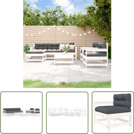 The Living Store 7-tlg. Garten-Lounge-Set mit Kissen Weiß Massivholz - Gartenmöbel - Loungesessel - Gartenloungeset - Rattan Möbel - Holz Gartenmöbel