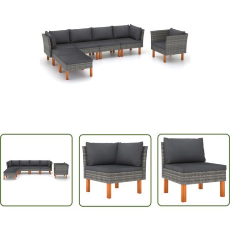 The Living Store 7-tlg. Garten-Lounge-Set Poly Rattan und Eukalyptusholz Grau - Gartensitzgruppe - Lounge-Set - Gartenmöbel - Outdoor-Möbel - Rattanmöbel