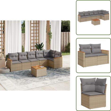 The Living Store 7-tlg. Garten-Sofagarnitur mit Kissen Beige Poly Rattan - Gartenmöbel Set - Outdoor Lounge - Rattan Gartenmöbel - Esstisch Set - Balkonmöbel