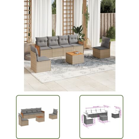 The Living Store 7-tlg. Garten-Sofagarnitur mit Kissen Beige Poly Rattan - Gartenmöbel Set - PE-Rattan Möbel - Outdoor Lounge - Esstisch - Sofasitzgruppe